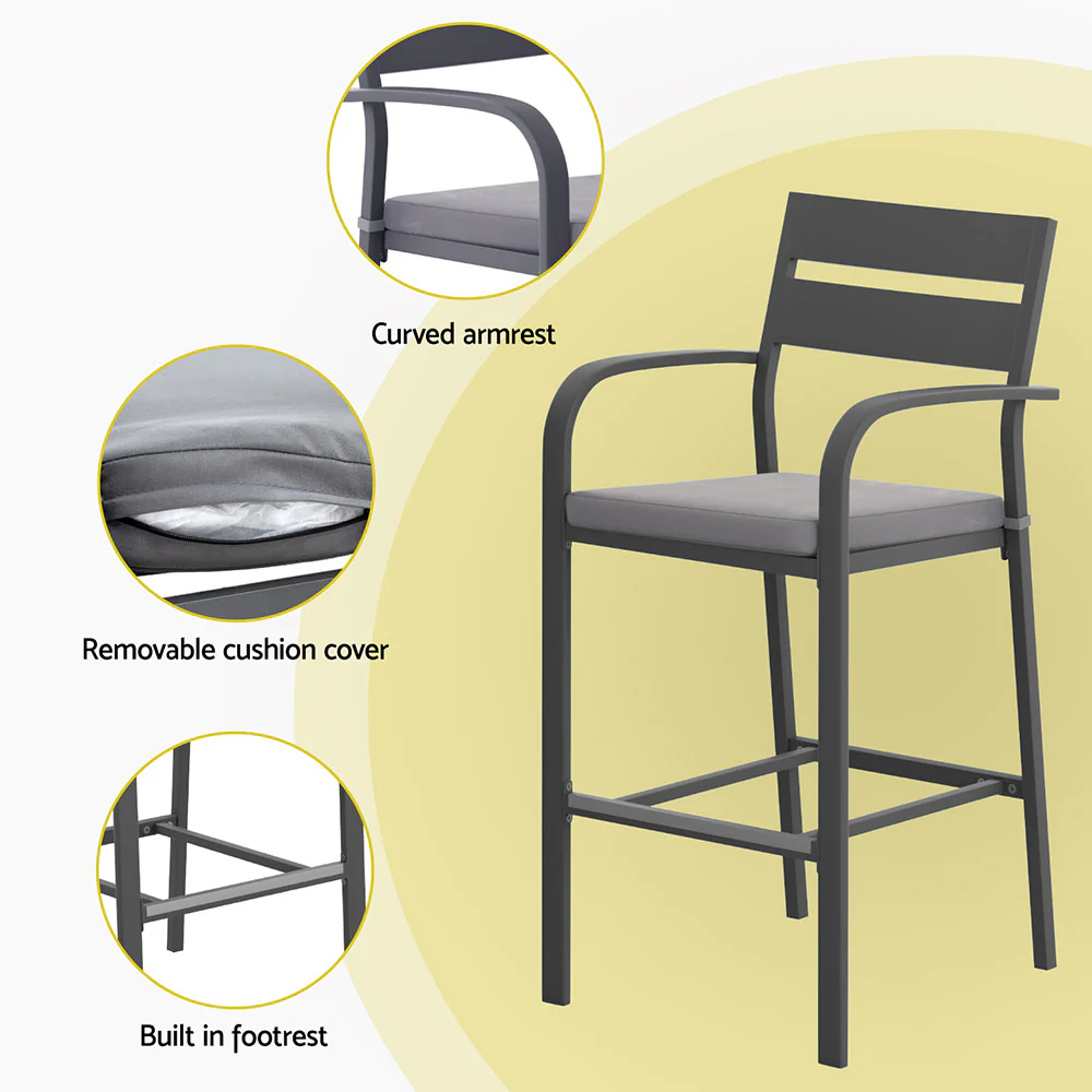 3Pcs Outdoor Bar Set Stools Dining Chairs Table Patio Aluminium Bistro Set Black - Image 5