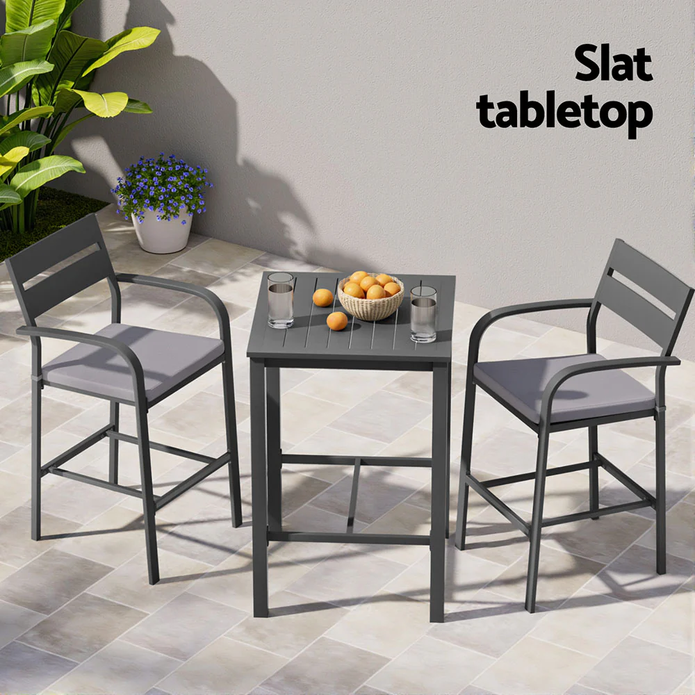 3Pcs Outdoor Bar Set Stools Dining Chairs Table Patio Aluminium Bistro Set Black - Image 6