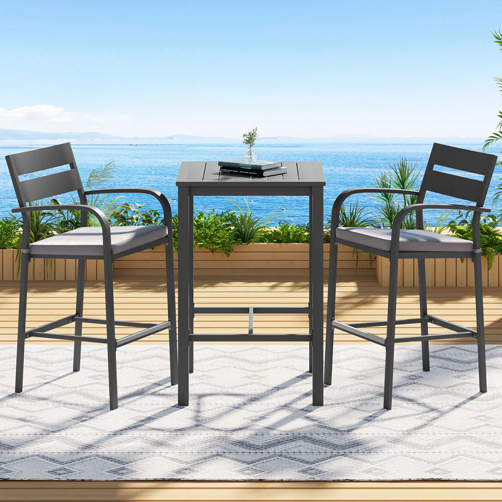 3Pcs Outdoor Bar Set Stools Dining Chairs Table Patio Aluminium Bistro Set Black - Image 7
