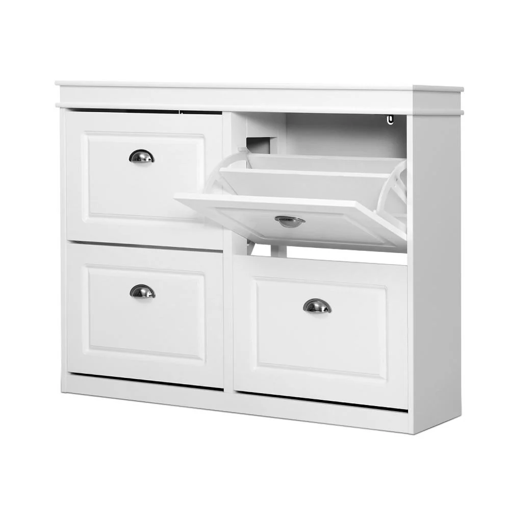 4-Compartment Shoe Cabinet – White with Retro Metal Handles - Image 2