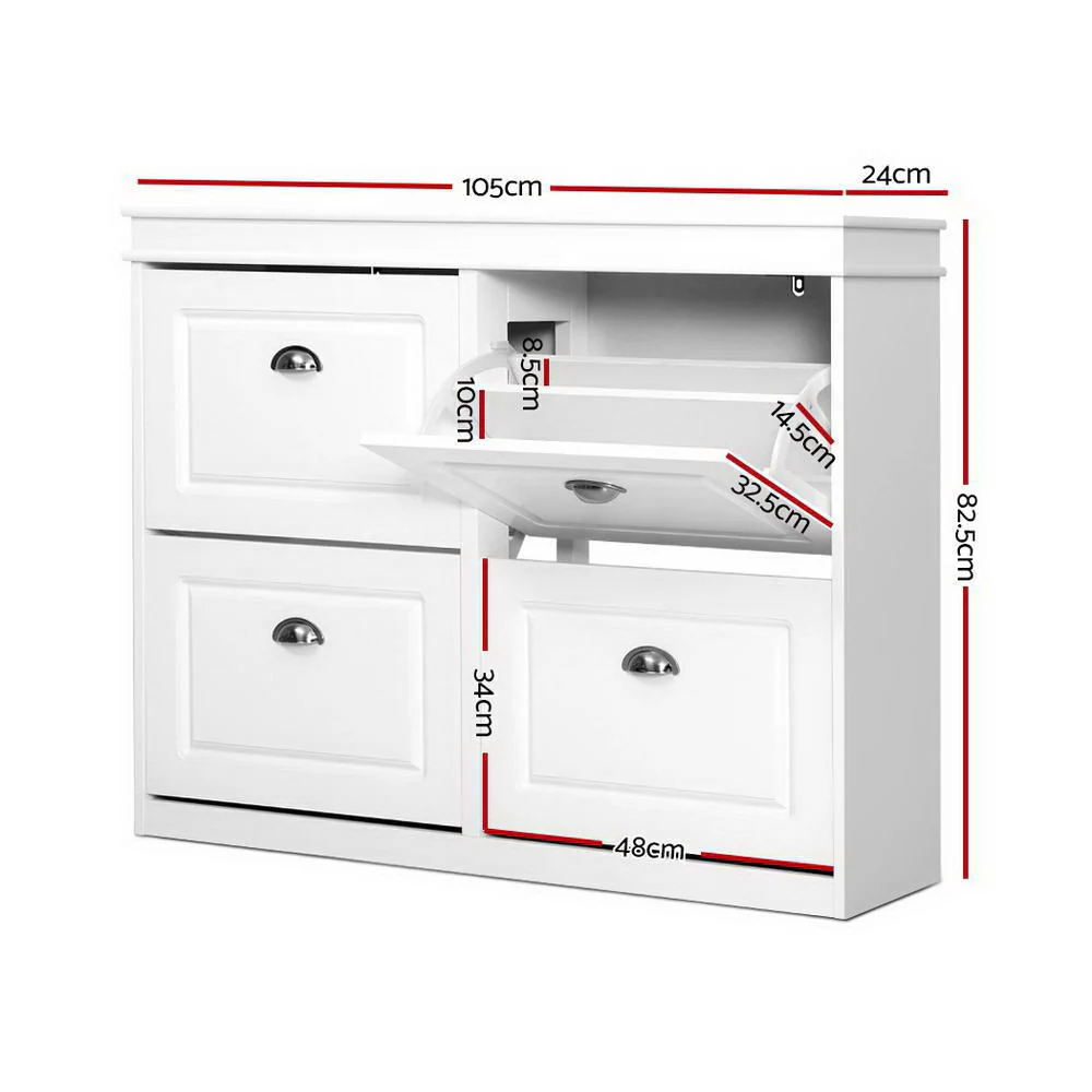 4-Compartment Shoe Cabinet – White with Retro Metal Handles - Image 3