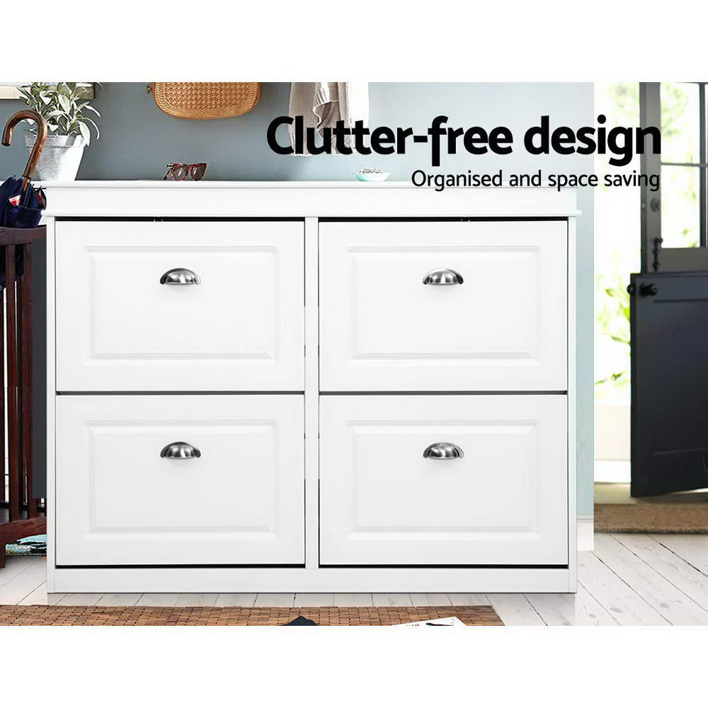 4-Compartment Shoe Cabinet – White with Retro Metal Handles - Image 4