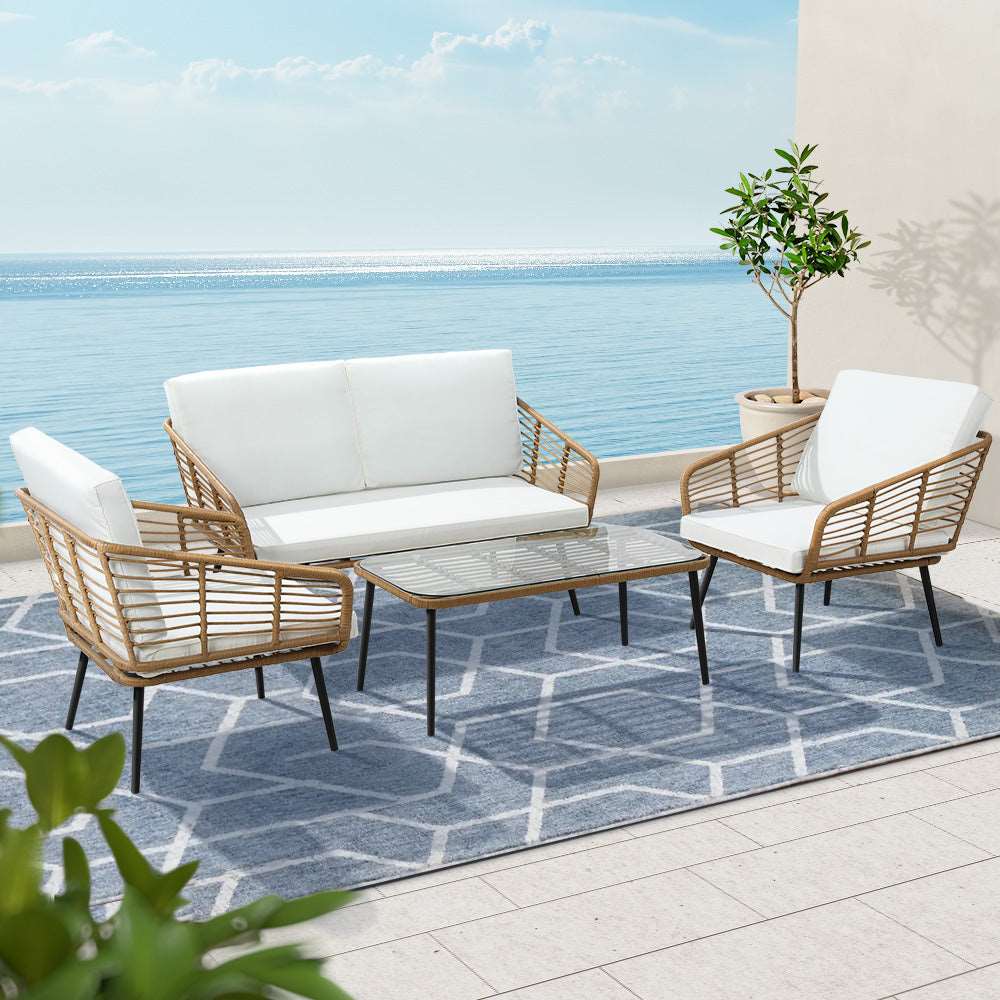 4-Piece Outdoor Sofa Set Rattan Lounge Setting Table Chairs - Image 8