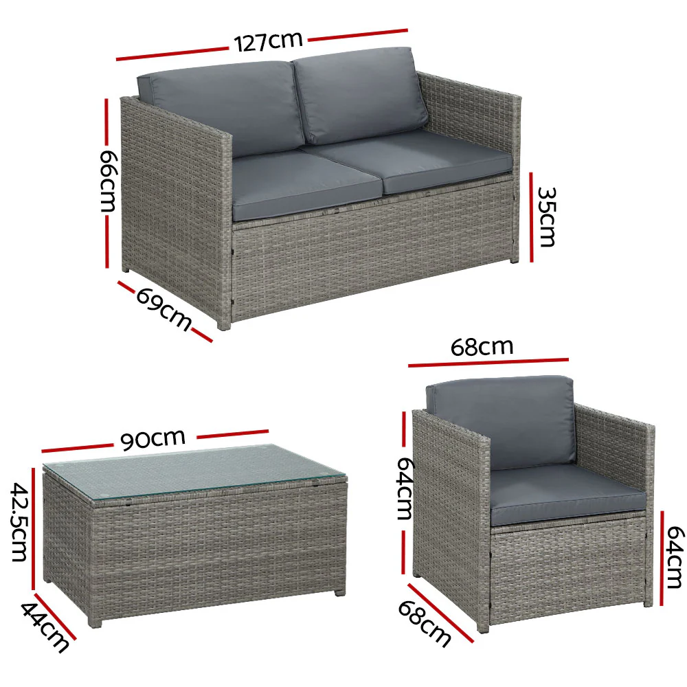 4-Piece Outdoor Sofa Set Wicker Couch Lounge Setting Grey - Image 2