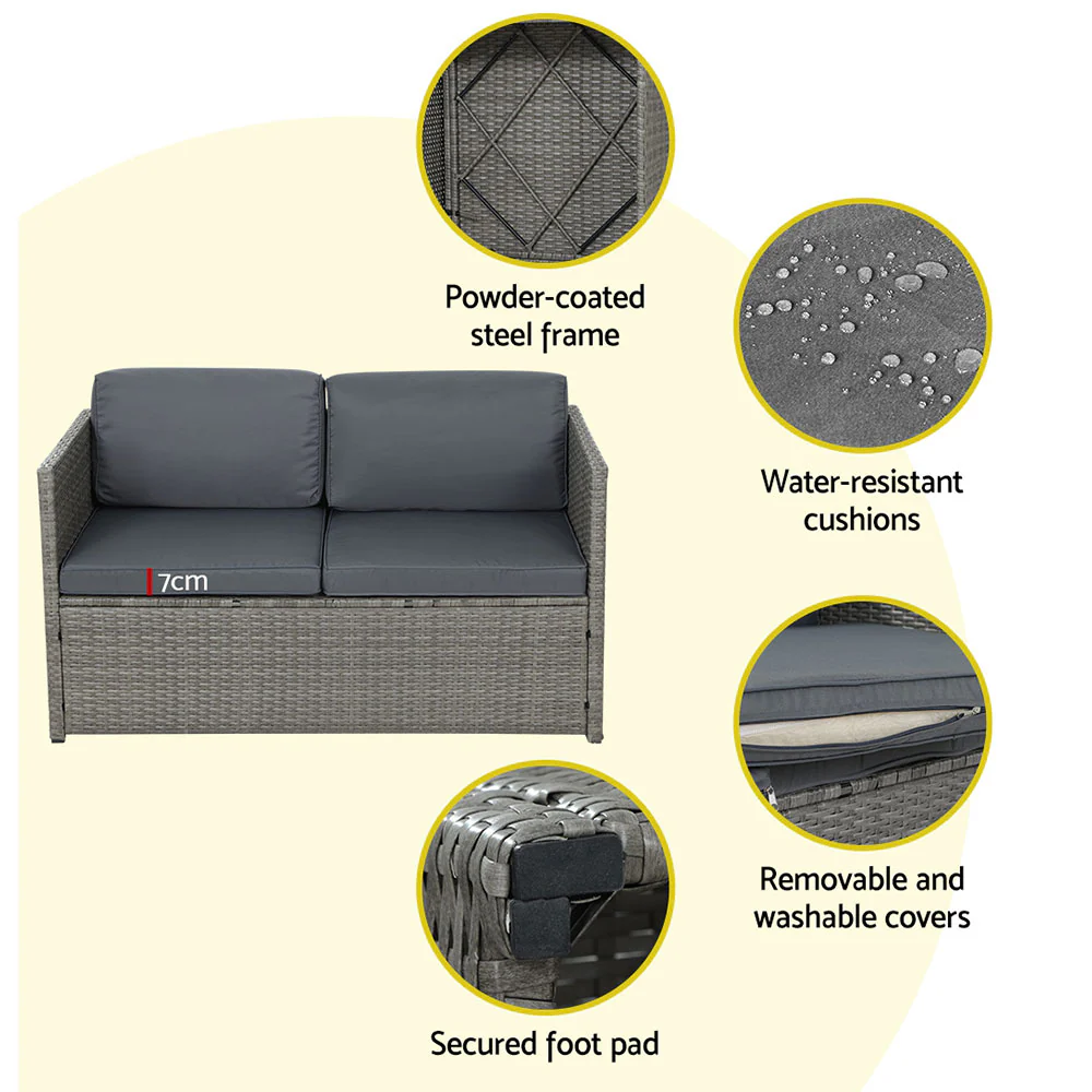 4-Piece Outdoor Sofa Set Wicker Couch Lounge Setting Grey - Image 6