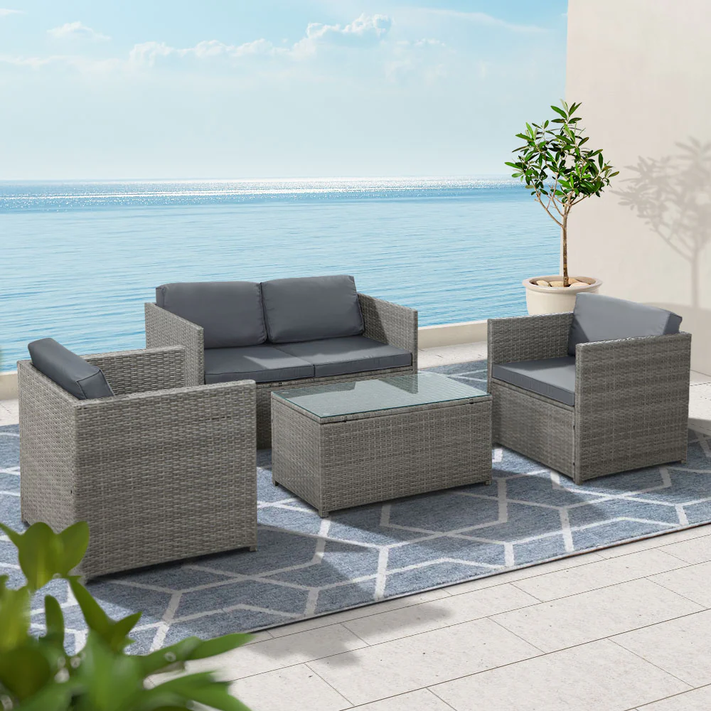 4-Piece Outdoor Sofa Set Wicker Couch Lounge Setting Grey - Image 8