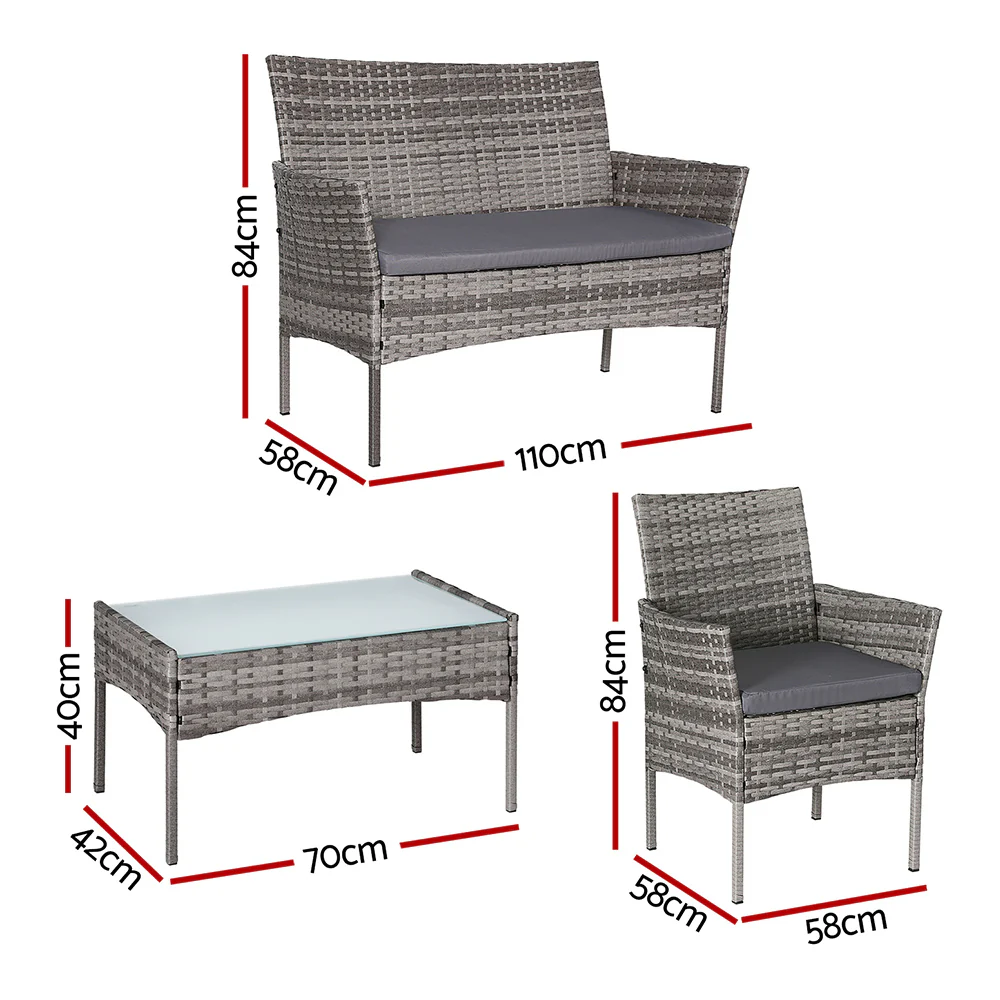 4 Seater Outdoor Sofa Set Wicker Setting Table Chair Furniture Grey - Image 2