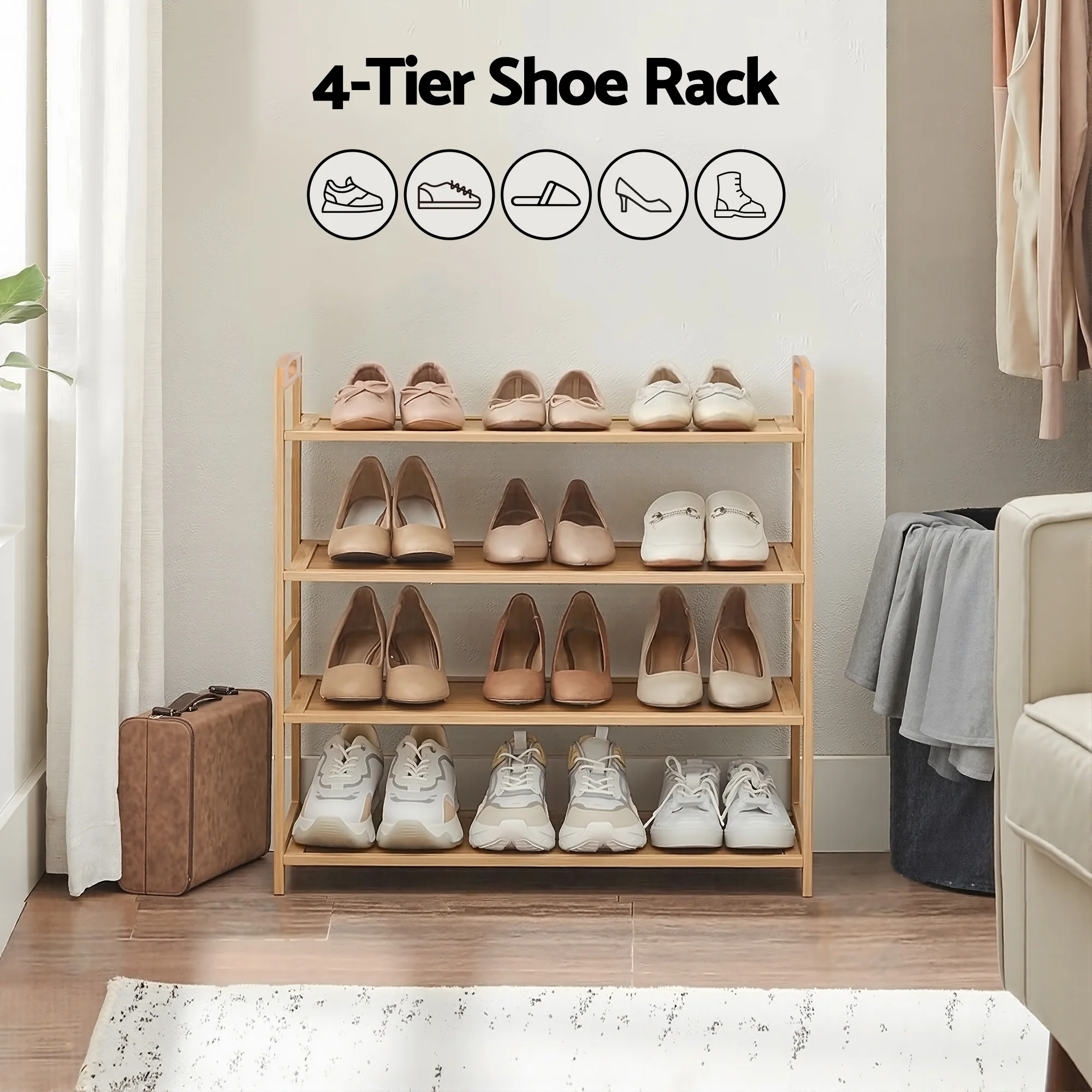 4 Tier Bamboo Shoe Rack Storage Organiser - Pine - Image 5