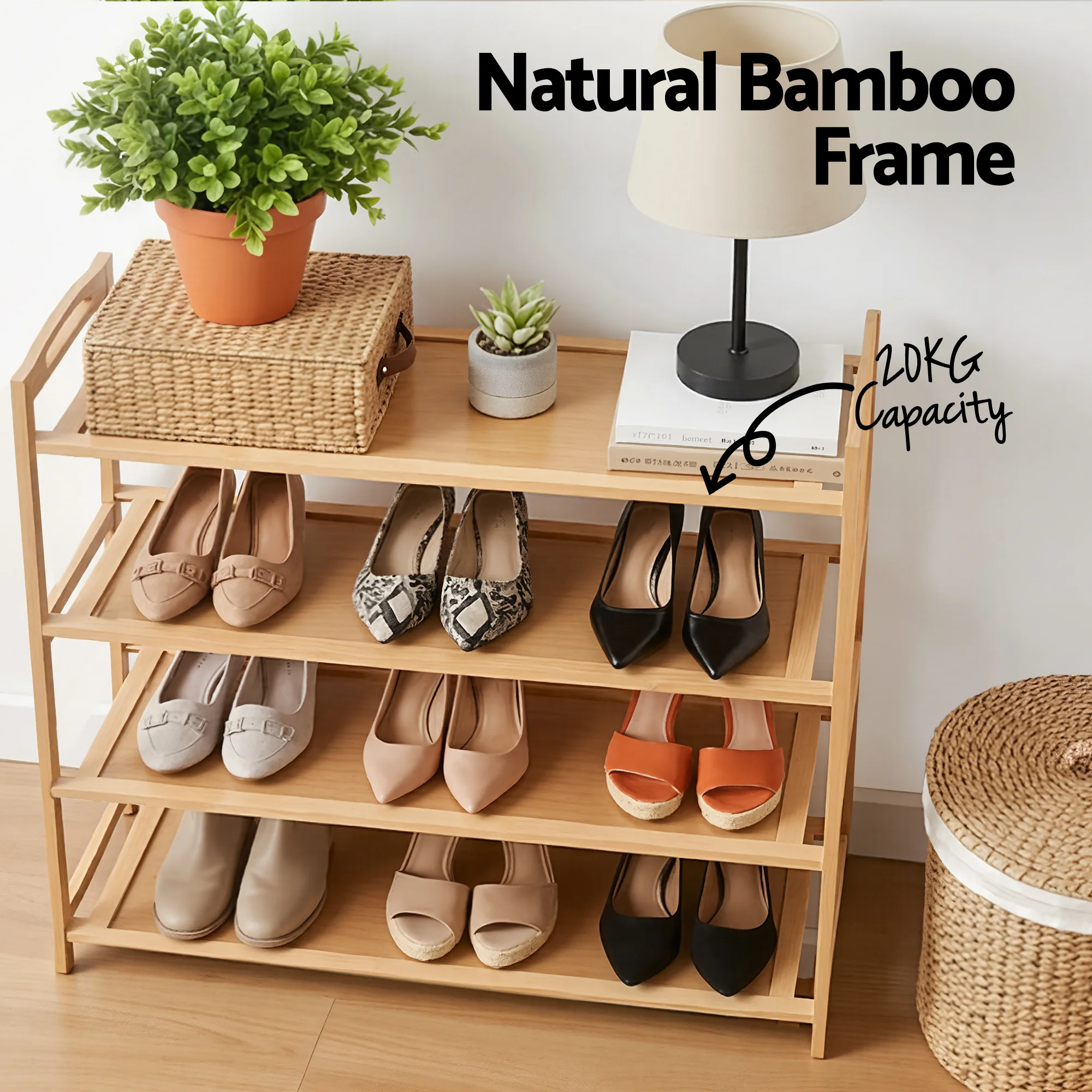 4 Tier Bamboo Shoe Rack Storage Organiser - Pine - Image 6