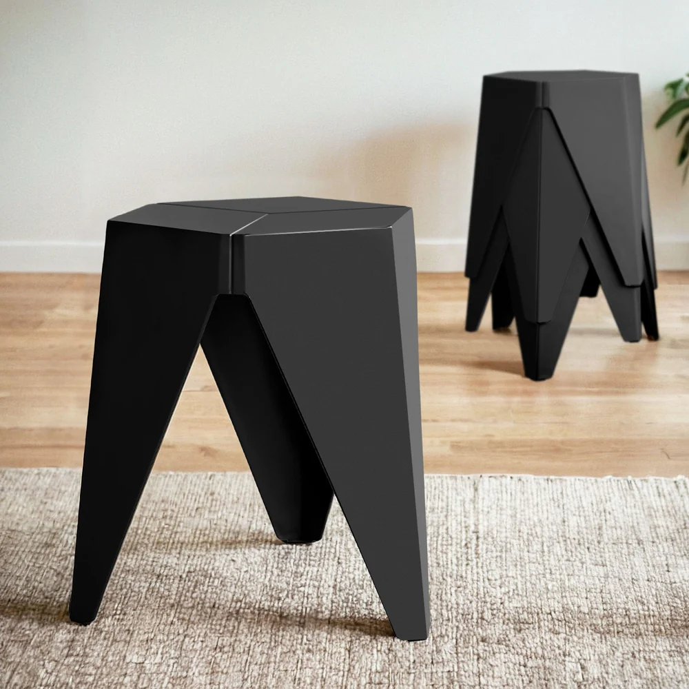 Set of 4 Puzzle Stool Plastic Bar Stools Stackable Black