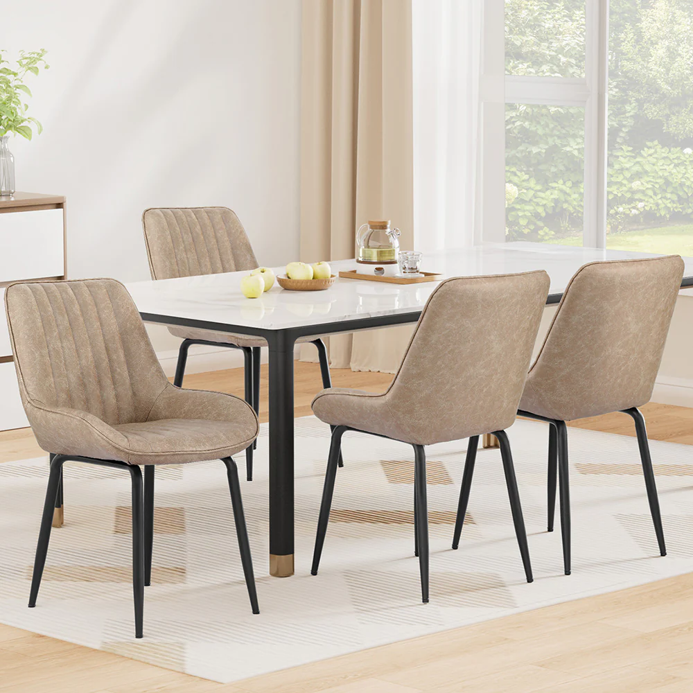 Set of 4 Dining Chairs Retro PU Leather Kitchen Lounge Cafe Accent Chair Khaki - Image 7