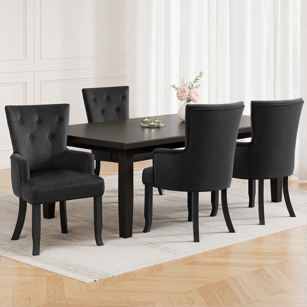 Set of 4 Dining Chairs Velvet French Provincial Armchair Black - Image 7