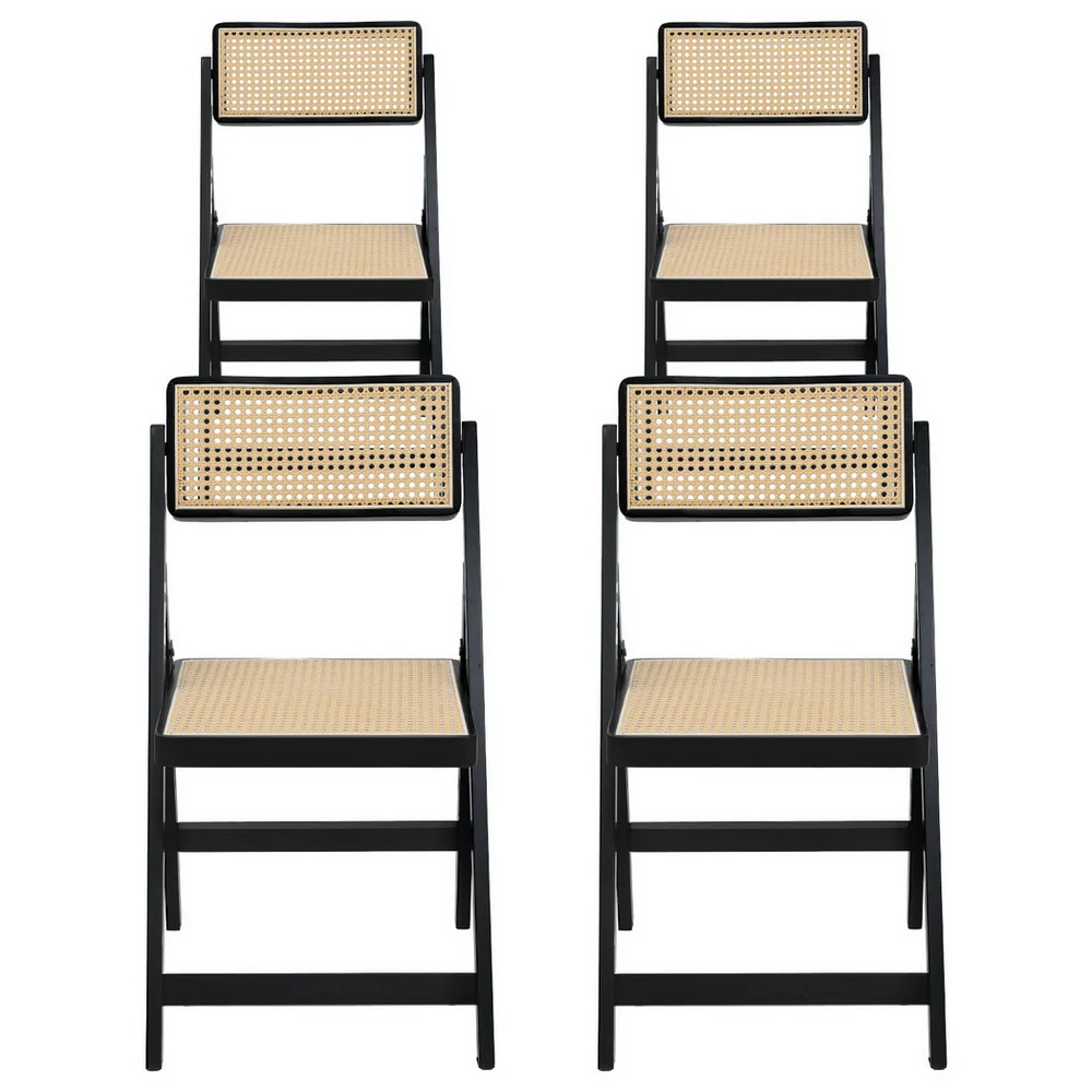 Set of 4 Dining Chairs Wooden Rattan Foldable Black - Image 3