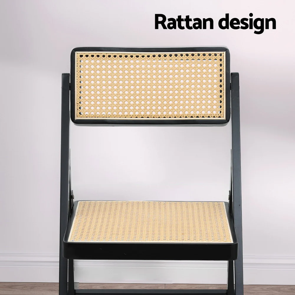 Set of 4 Dining Chairs Wooden Rattan Foldable Black - Image 4