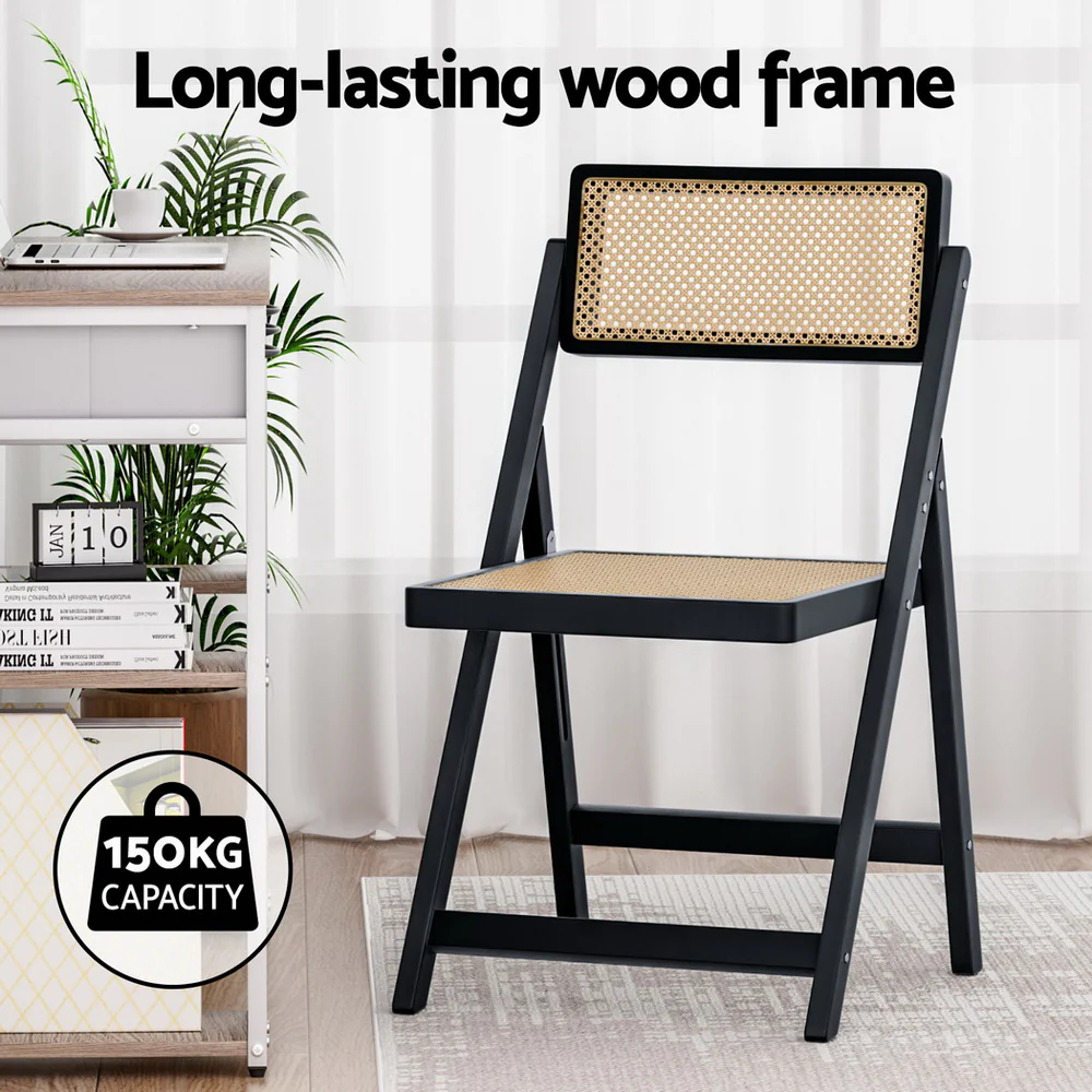 Set of 4 Dining Chairs Wooden Rattan Foldable Black - Image 5