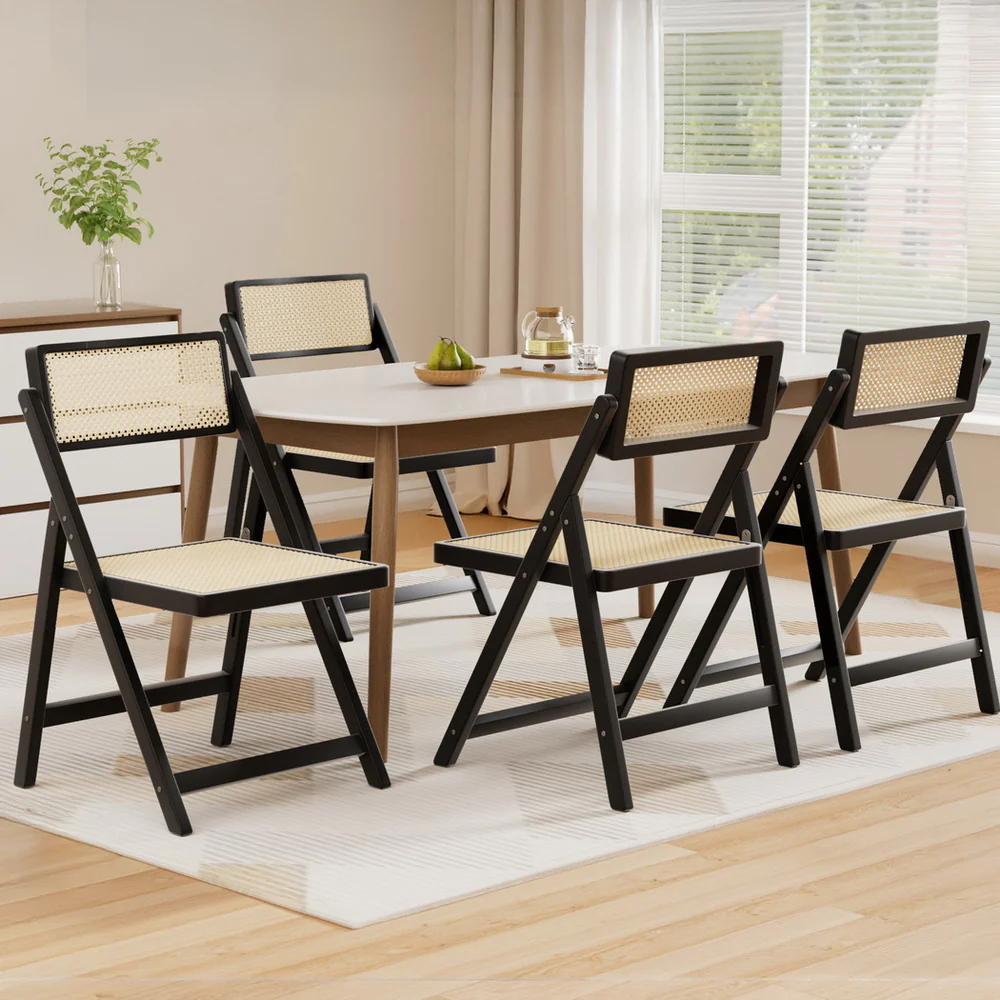 Set of 4 Dining Chairs Wooden Rattan Foldable Black - Image 7