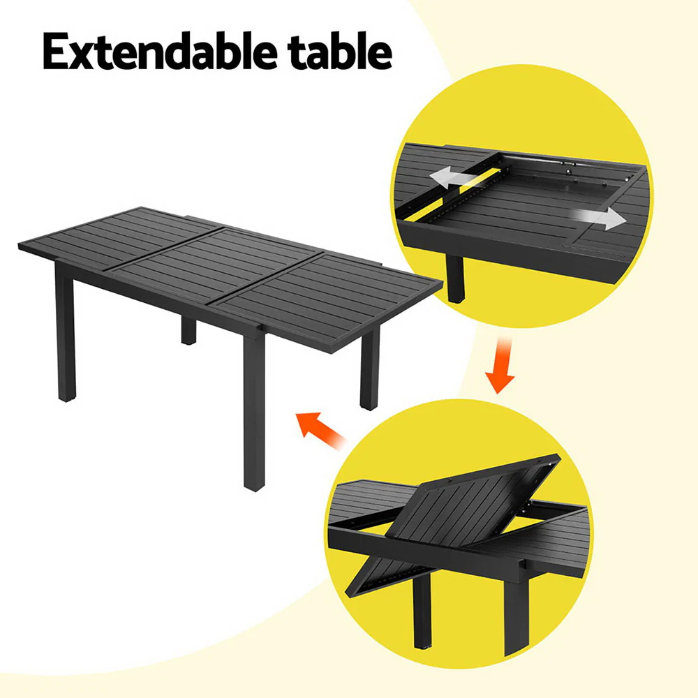5 Piece Aluminium Outdoor Dining Set With Extension Table Black with Grey Cushions - Image 5