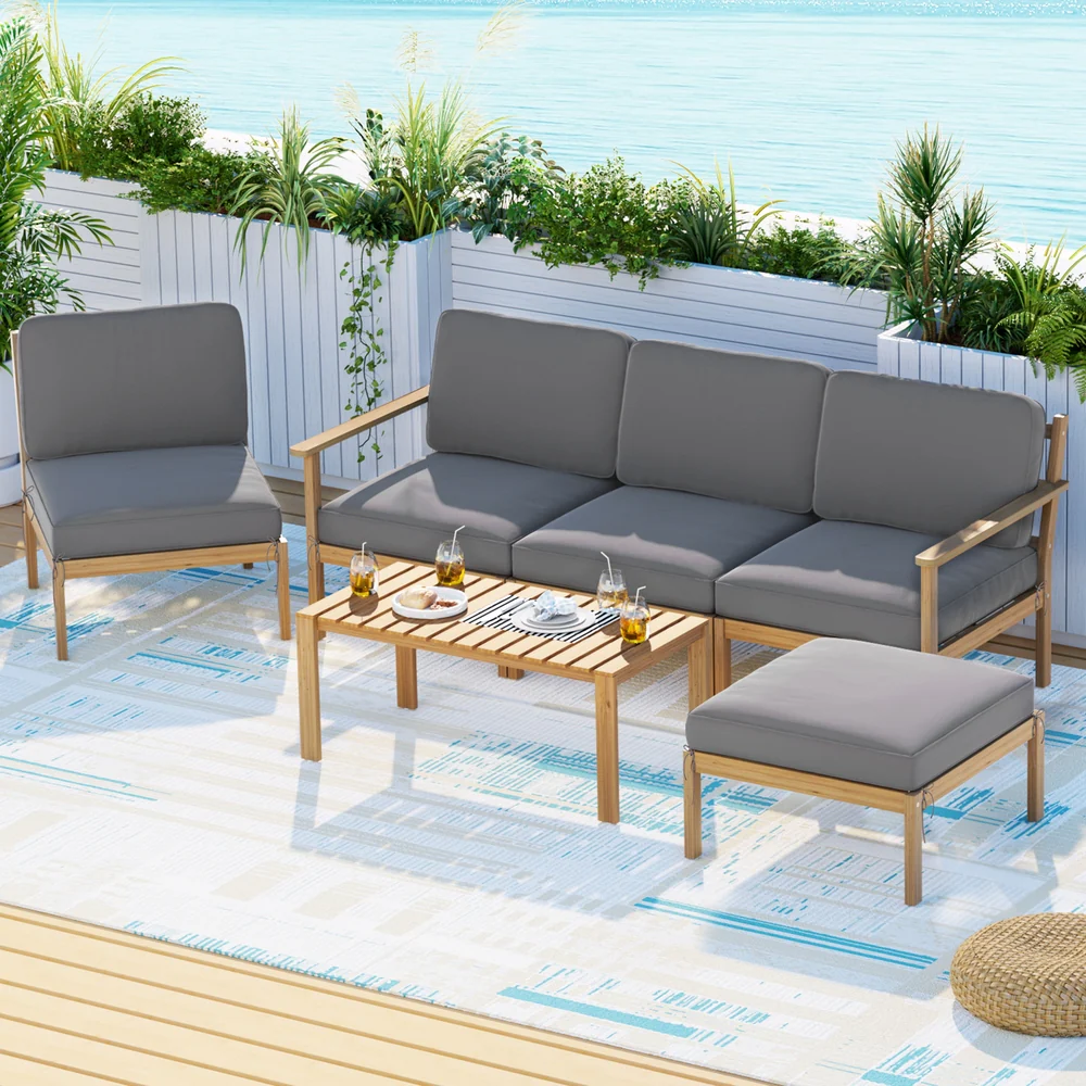 5-Seater Outdoor Sofa Set Wooden Lounge Setting 6PCS - Image 7