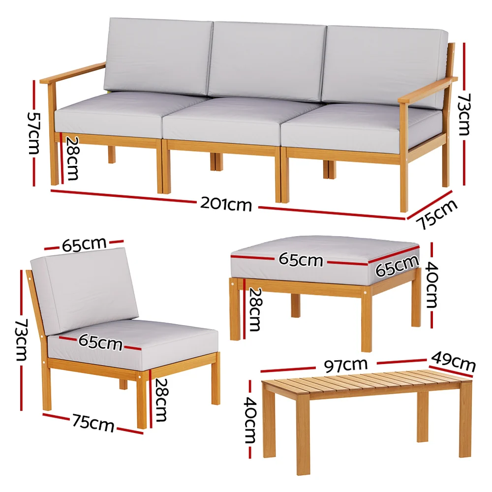 5-Seater Outdoor Sofa Set Wooden Lounge Setting 6PCS - Image 2