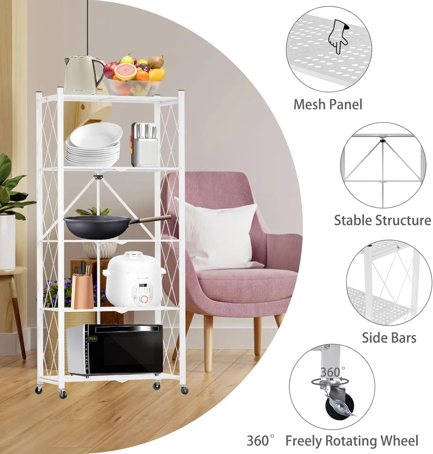 5-Tier Foldable Storage Shelf with Wheels for Kitchen, Garage, Pantry or Basement (White) - Image 6