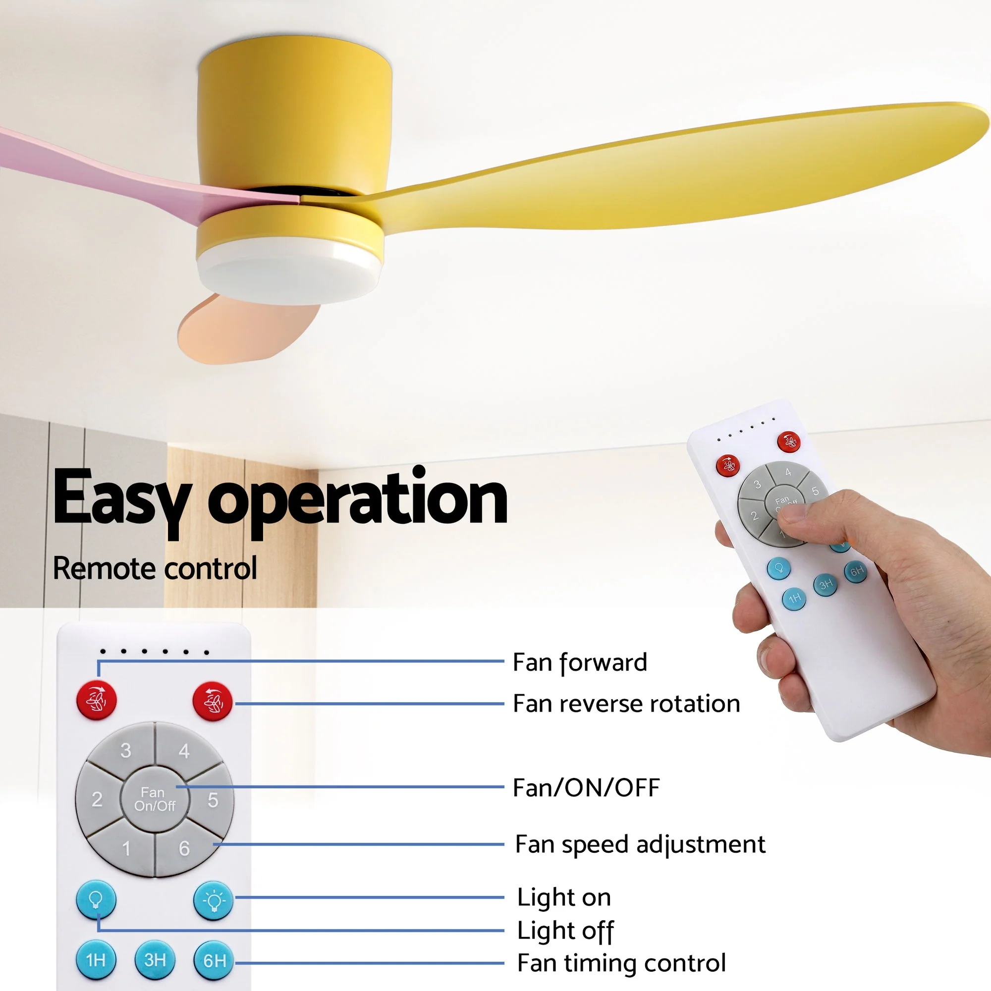 52" Ceiling Fan 3-Blade DC Motor with Light and Remote - Yellow Pink Orange - Image 7