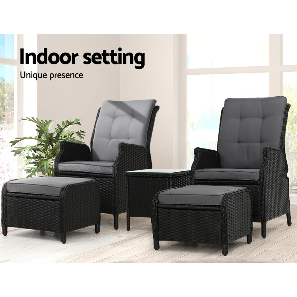 5PC Recliner Chairs Table Sun lounge Wicker Outdoor Furniture Adjustable Black - Image 12