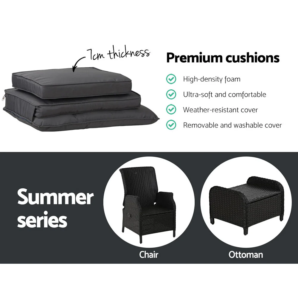 5PC Recliner Chairs Table Sun lounge Wicker Outdoor Furniture Adjustable Black - Image 7