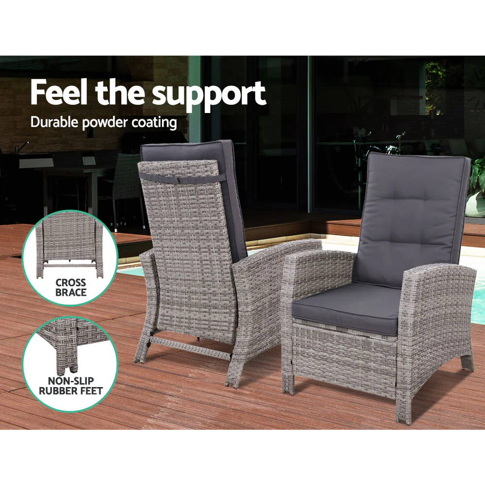 5PC Recliner Chairs Table Sun lounge Wicker Outdoor Furniture Adjustable Grey - Image 10