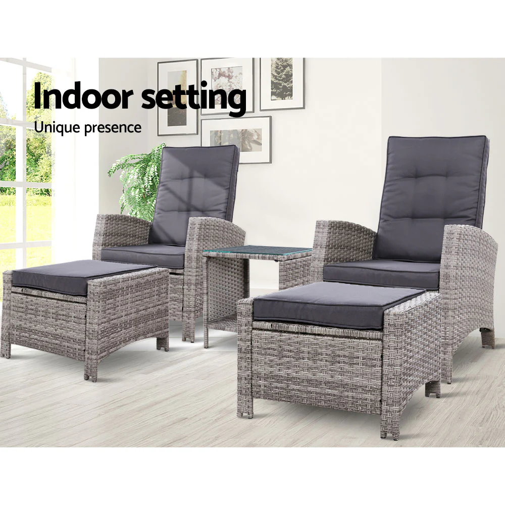 5PC Recliner Chairs Table Sun lounge Wicker Outdoor Furniture Adjustable Grey - Image 12