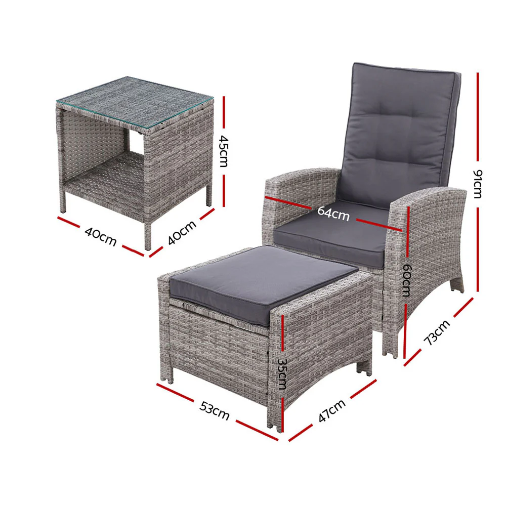5PC Recliner Chairs Table Sun lounge Wicker Outdoor Furniture Adjustable Grey - Image 2