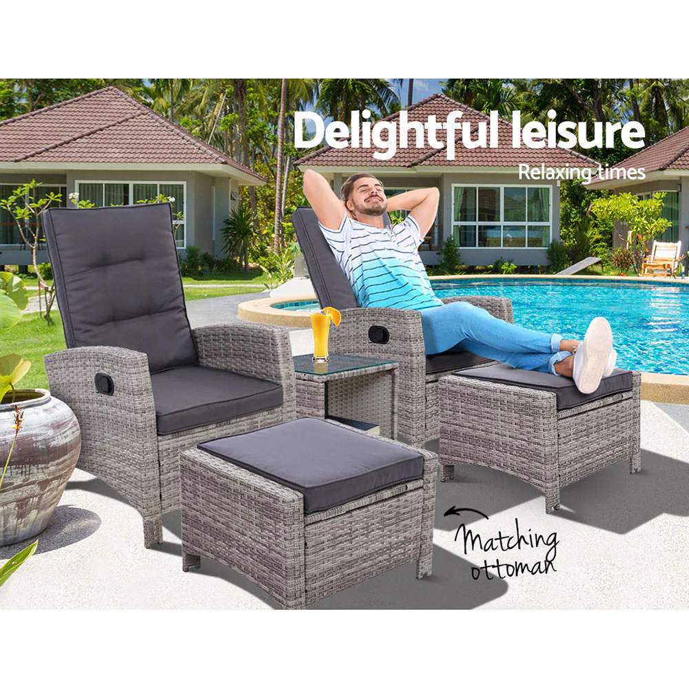 5PC Recliner Chairs Table Sun lounge Wicker Outdoor Furniture Adjustable Grey - Image 3