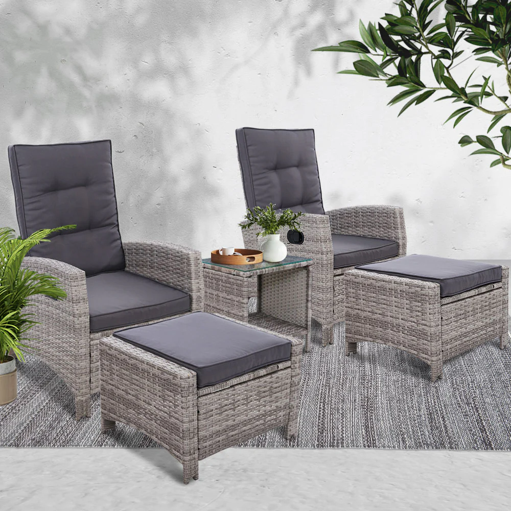 5PC Recliner Chairs Table Sun lounge Wicker Outdoor Furniture Adjustable Grey - Image 7