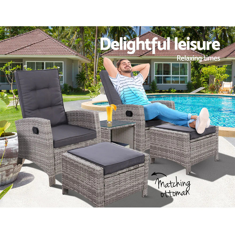5PC Recliner Chairs Table Sun lounge Wicker Outdoor Furniture Adjustable Grey - Image 9