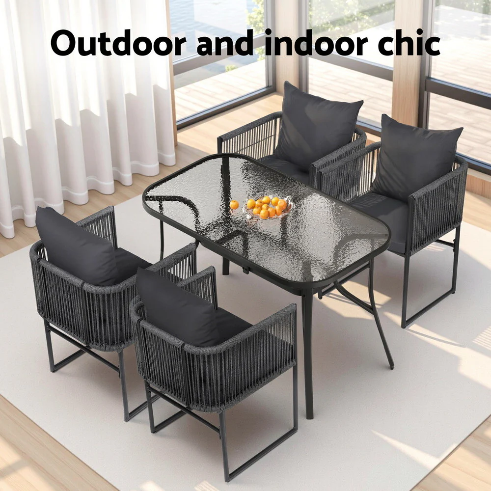 5PCS Outdoor Dining Set Table and Chairs Rope Patio Furniture Garden Black - Image 6