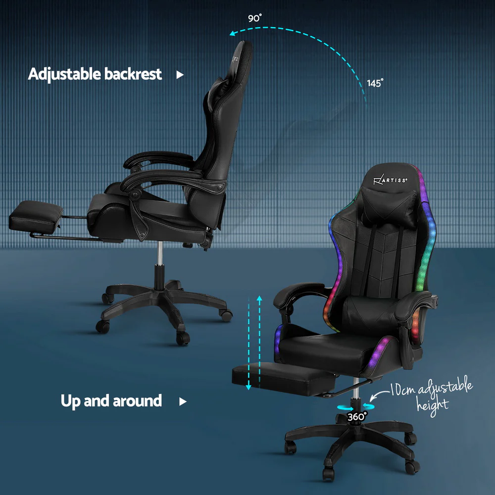 6 Point Massage Gaming Office Chair 7 LED Footrest Black - Image 6