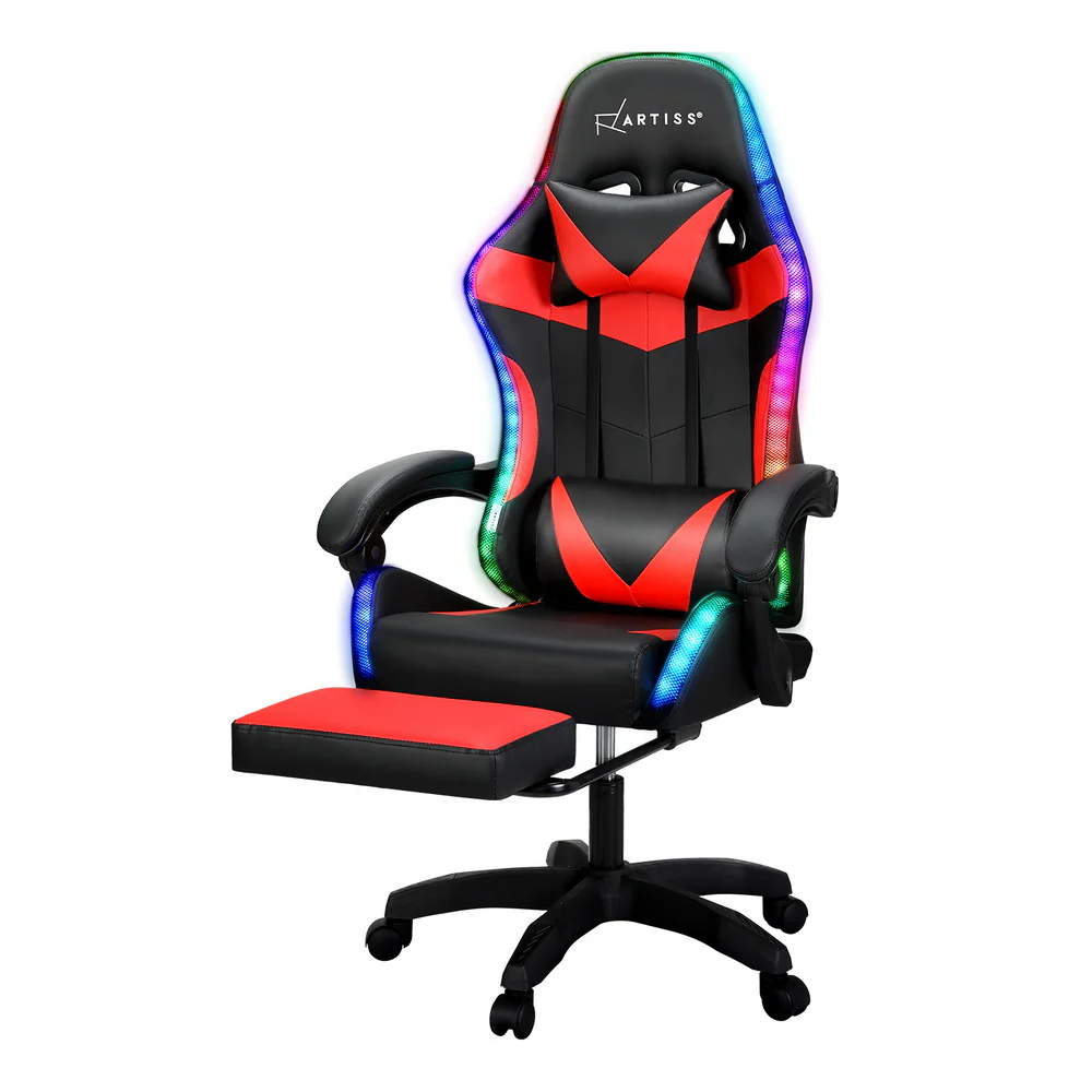 6 Point Massage Gaming Office Chair 7 LED Footrest Red - Image 7