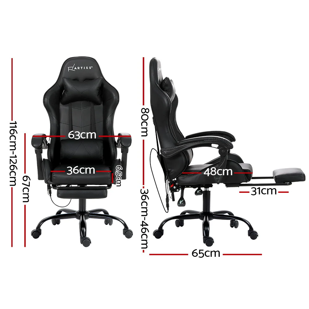 6 Point Massage Gaming Office Chair Footrest Black - Image 2