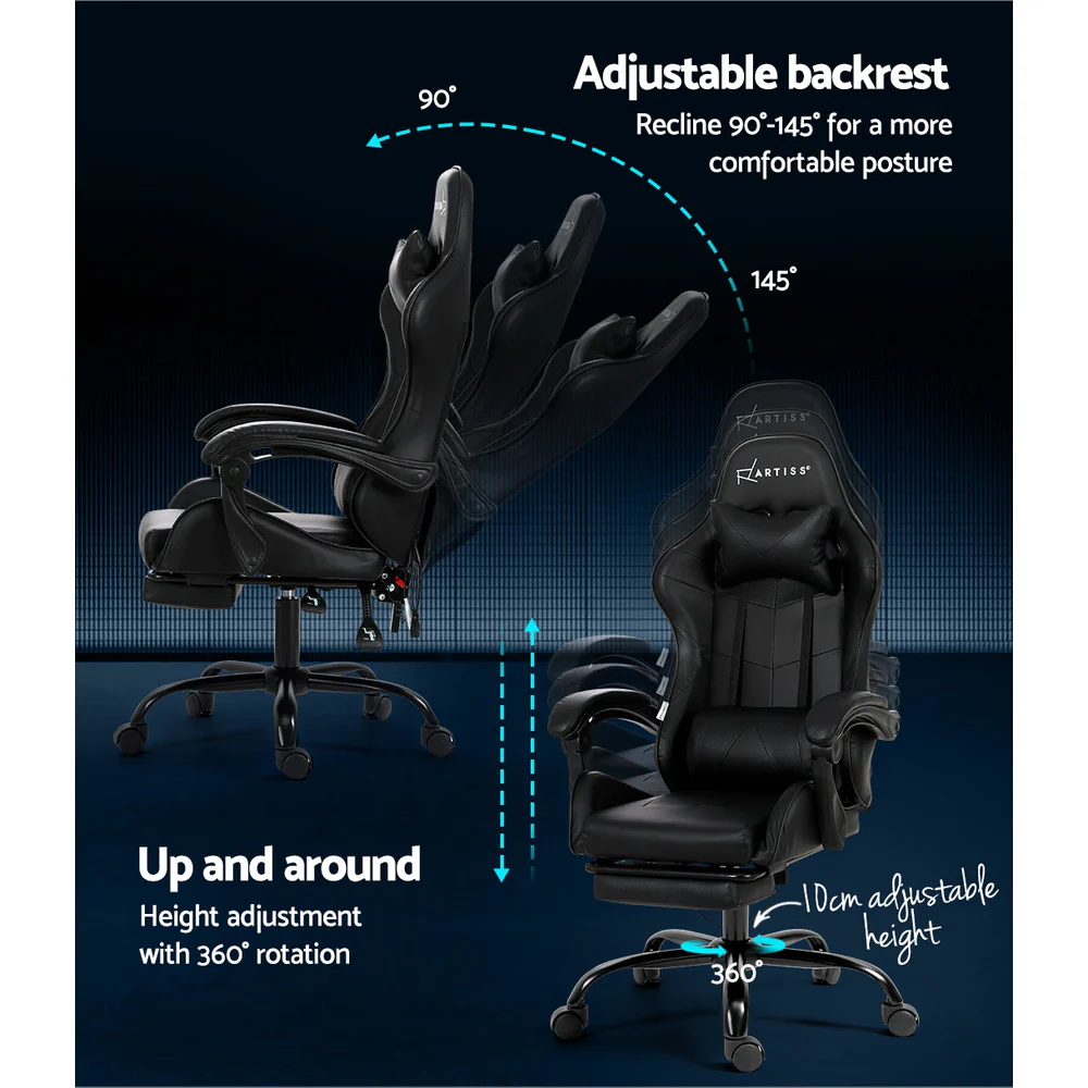 6 Point Massage Gaming Office Chair Footrest Black - Image 5