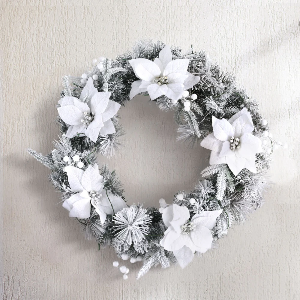 60cm Christmas Wreath LED Lights Snowy Flowers Garland Party Decor - Image 7