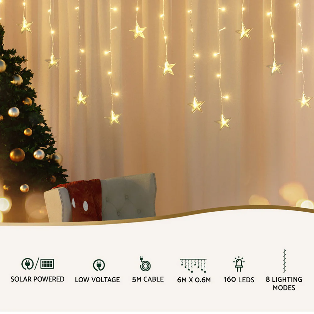 6M Christmas Icicle Lights String Light 160 LED Solar Powered Warm - Image 4