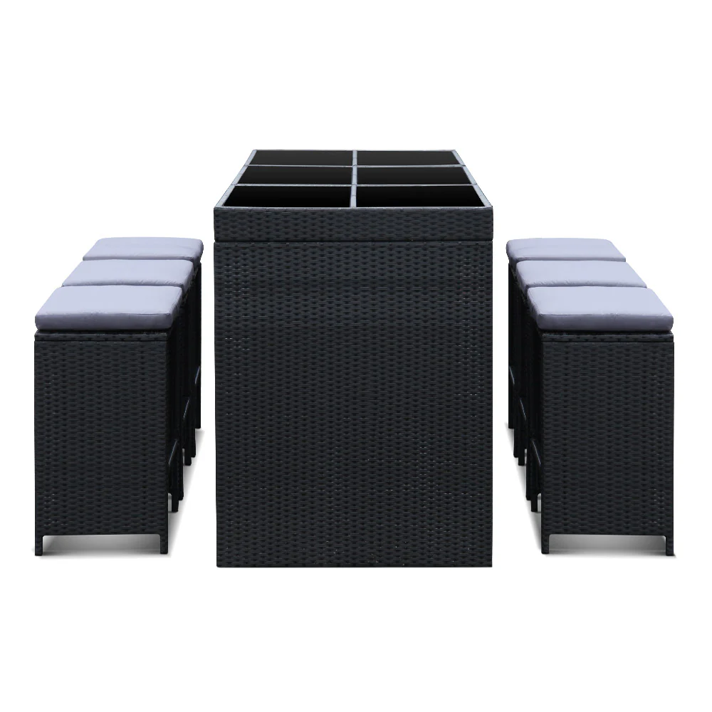 7 Piece Outdoor Wicker Bar Table & 6 Stools Set Black - Image 3