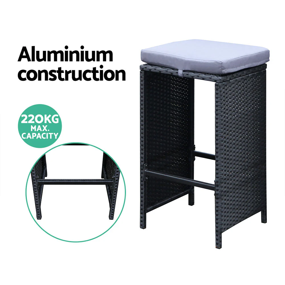 7 Piece Outdoor Wicker Bar Table & 6 Stools Set Black - Image 6