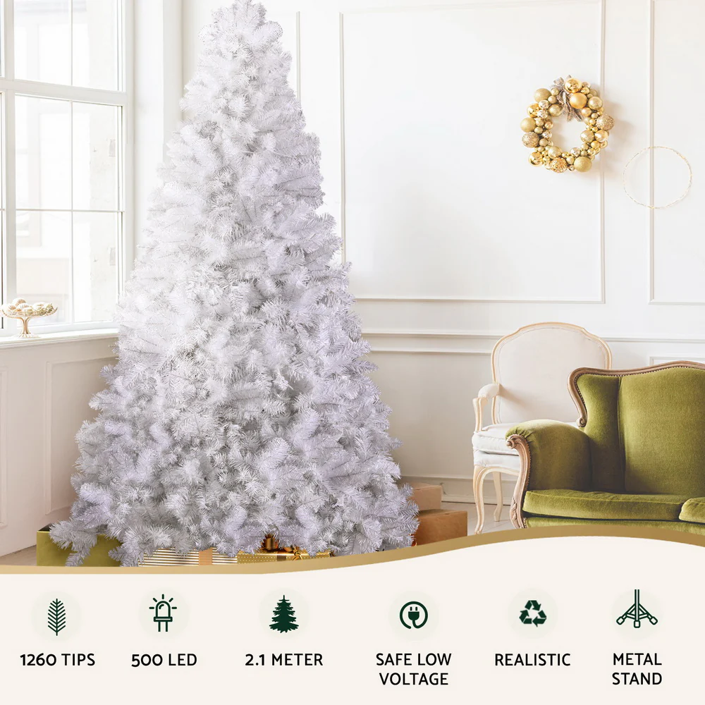 7FT / 2.1M White Christmas Tree – 1260 Tips – Pre-lit 500 Warm White LED Lights - Image 5
