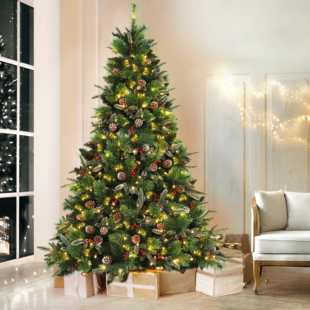 7FT / 2.1M Christmas Tree – 1360 Tips – Pre-lit 450 Warm White LED Lights with Pine Cones & Red Berries