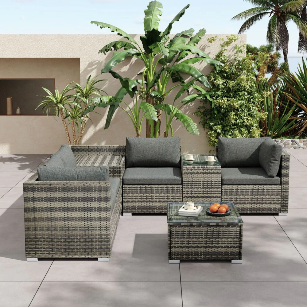 7PC Outdoor Wicker Lounge with Storage Corner (Grey) - Image 3