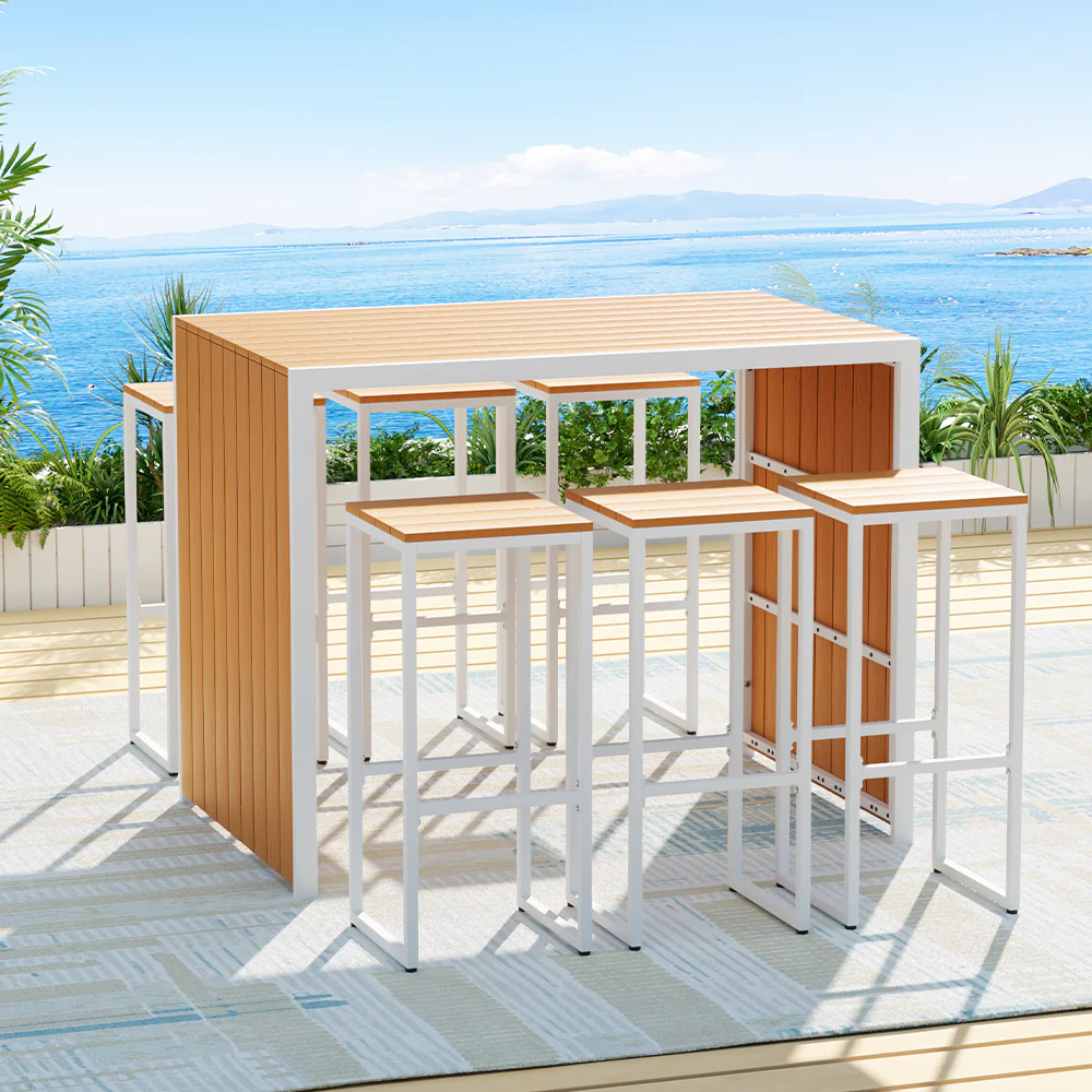 7PCS Outdoor Bar Set 6 Seaters Chairs Steel Stools Patio Bistro Table - Image 7