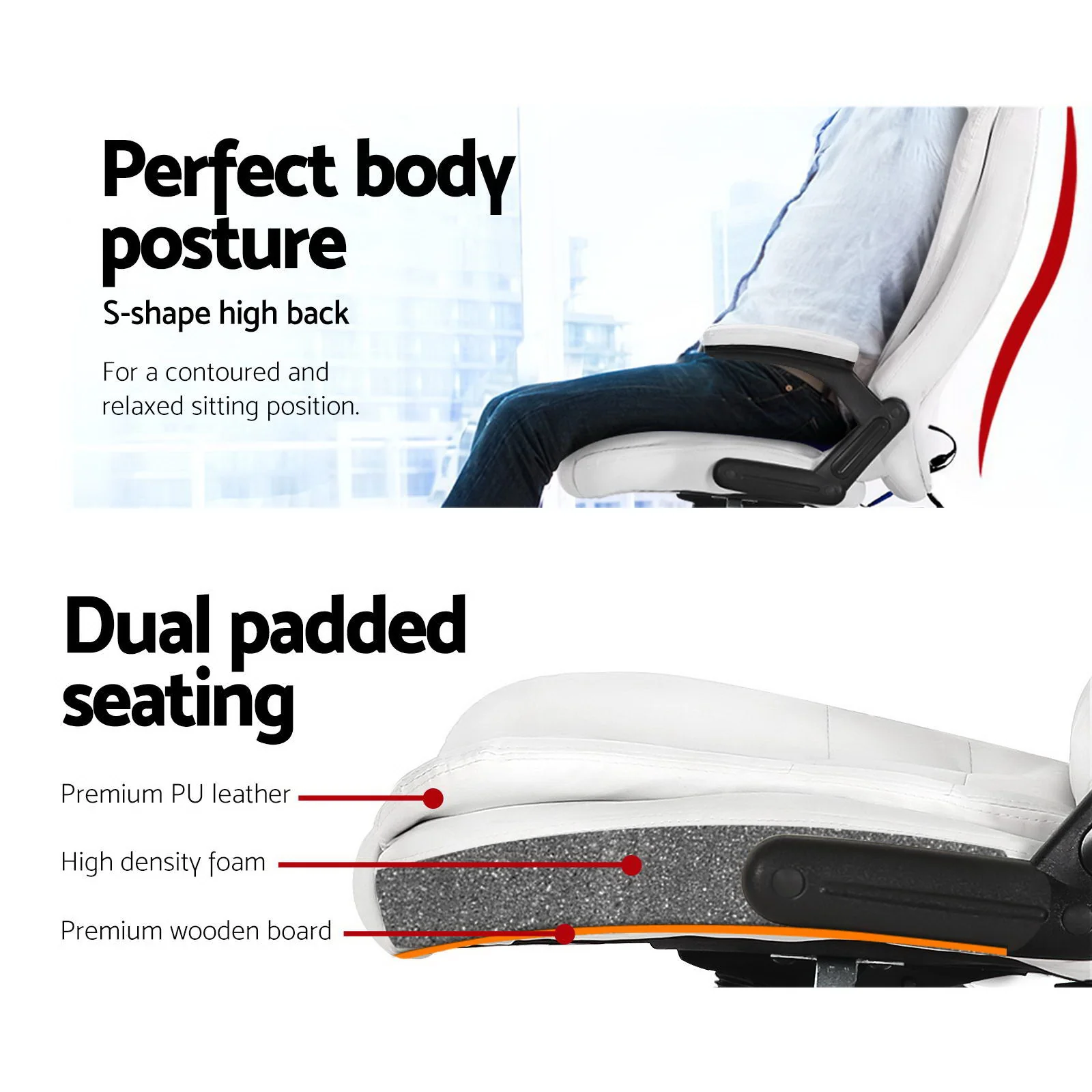 8 Point Massage Office Chair Heated Seat Recliner PU White - Image 5