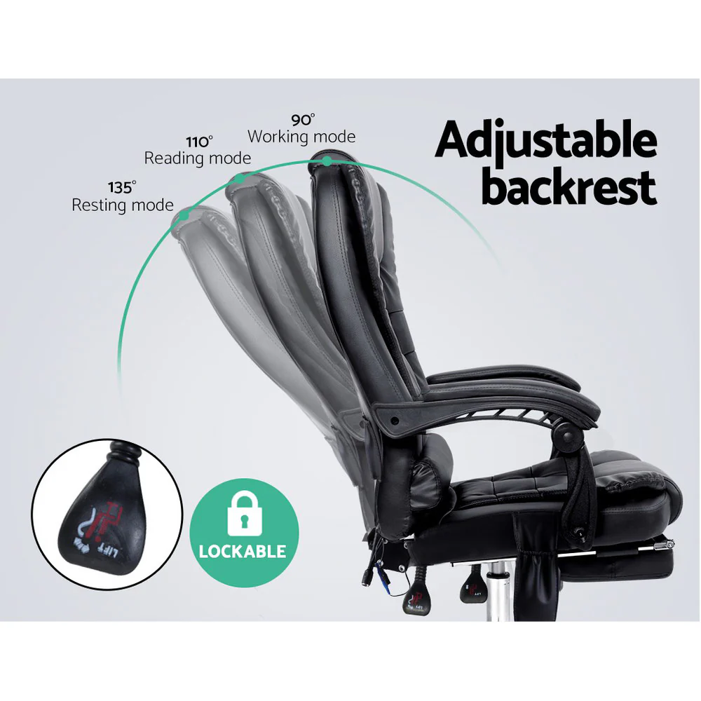 8 Point Massage Office Chair PU Leather Footrest Black - Image 4