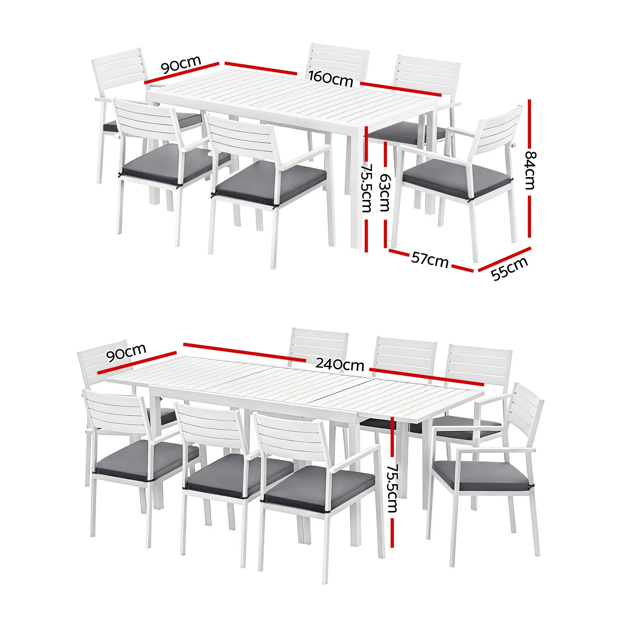 9PCS Outdoor Extendable Aluminum Dining Set with Cushions - White - Image 2