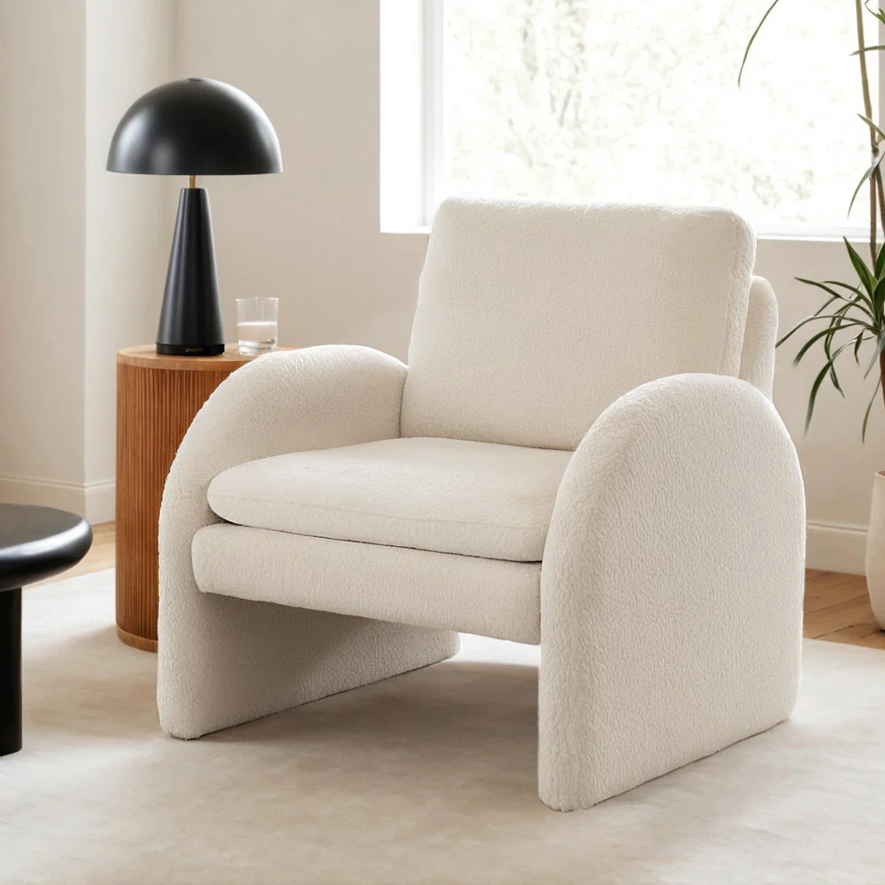 Armchair Accent Chair Lounge Tub Sofa Couch Curved Arm Seat Boucle White - Image 7